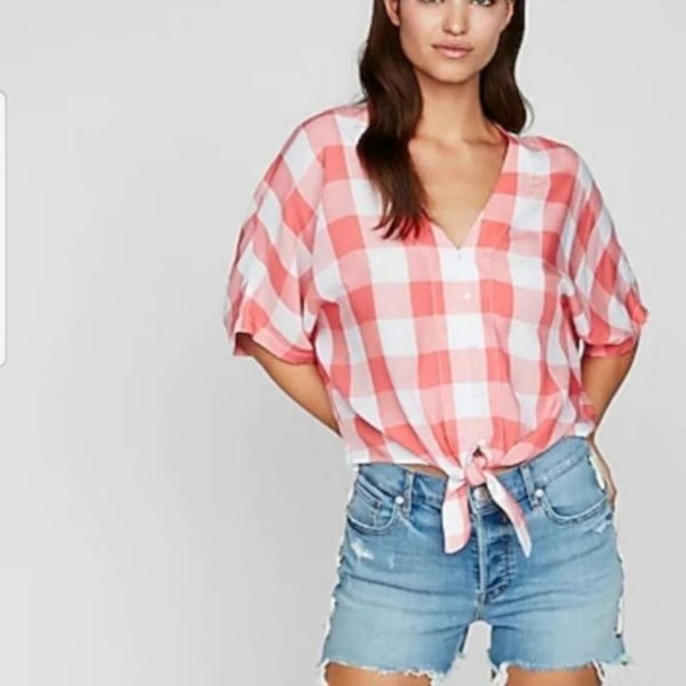 Express Gingham Short Sleeve Tie Front Shirt XS